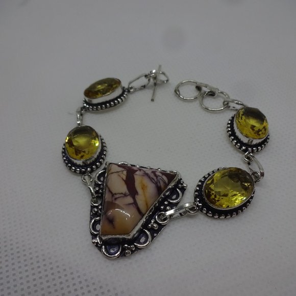 Stunning "MOOKAITE JASPER & CITRINE" Handmade Sterling Bracelet Size 7.5"  #198 - Picture 2 of 3